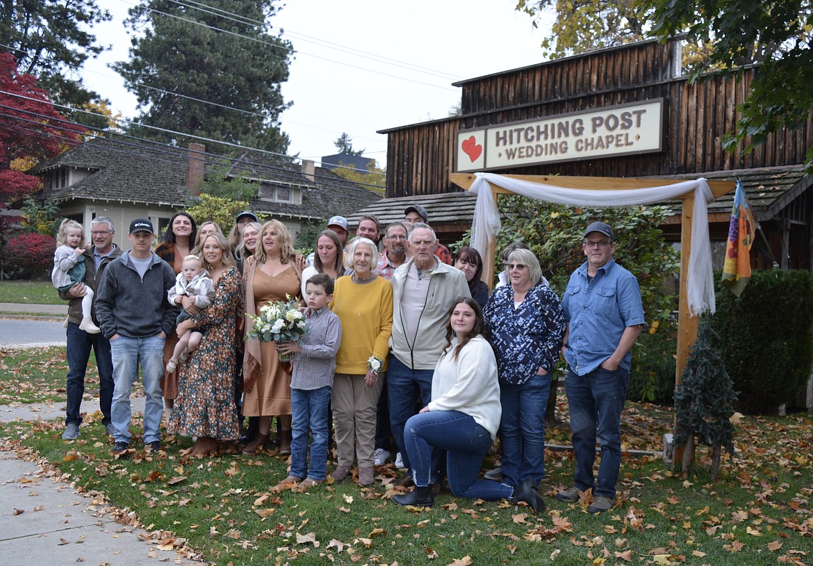 Marilyn and Paul Peterson (center) pose with their family after saying "I do" for the second time at the Hitching Post.
Children: Denna Peterson, Kelly Baldwin (with spouse, Ronnie), Barbie Peterson, Mitchell Peterson (with spouse, Tricia), and Patricia Burt (with spouse, Steve). Their seven grandchildren are Aaron Baldwin, Kortni Peterson (with spouse, Ryan), Katie Halland, Hayley Red (with spouse, James), McKenzie Moulton (with spouse, Cade), Abigail Peterson and Audra Zisk (with spouse, Josh). Their four great-grandchildren are Karter, Kolten, Ruthie and Charlotte.