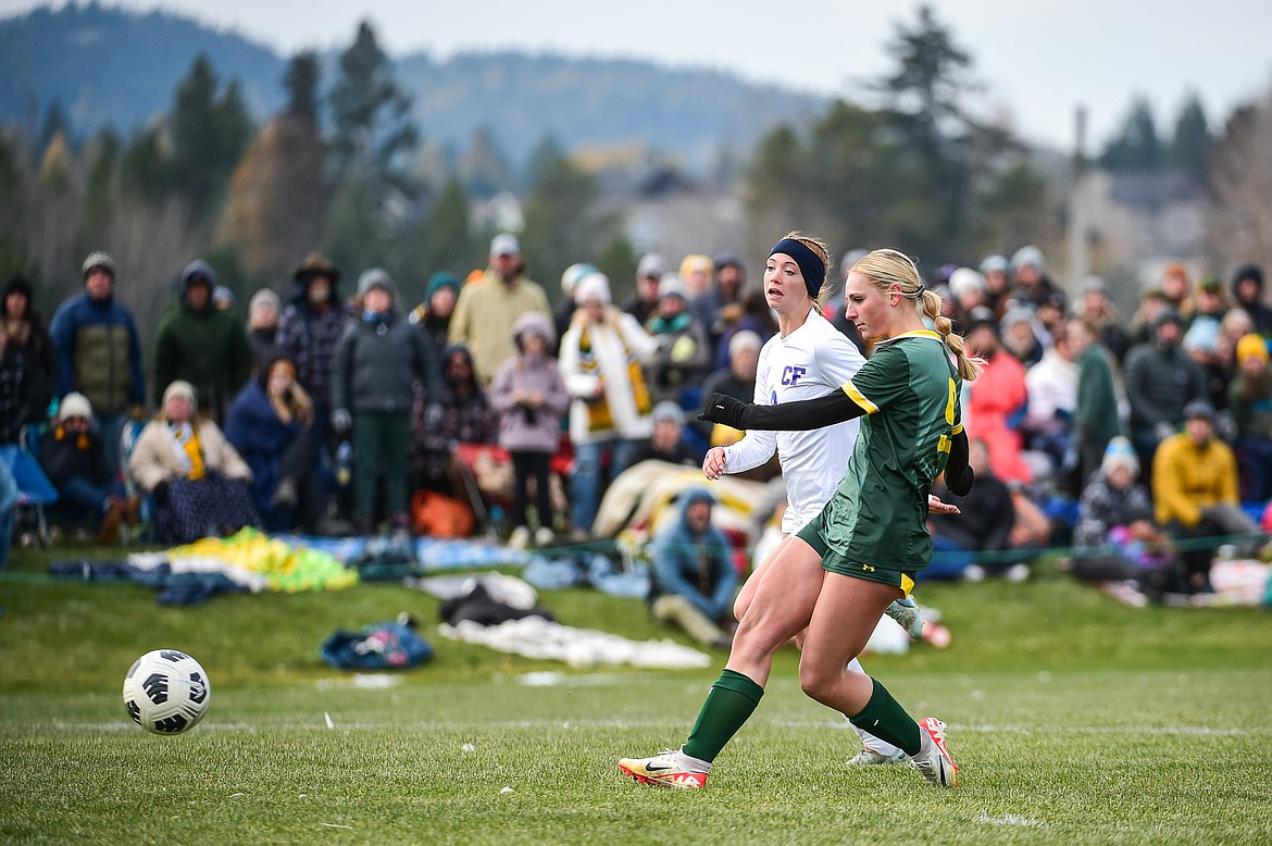 Whitefish's Delaney Smith (9) scores a goal in the second half against Columbia Falls in the Class A state championship at Smith Fields on Saturday, Oct. 26. (Casey Kreider/Daily Inter Lake)