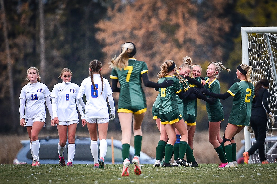 Whitefish celebrates after a goal in the first half against Columbia Falls in the Class A state championship at Smith Fields on Saturday, Oct. 26. (Casey Kreider/Daily Inter Lake)