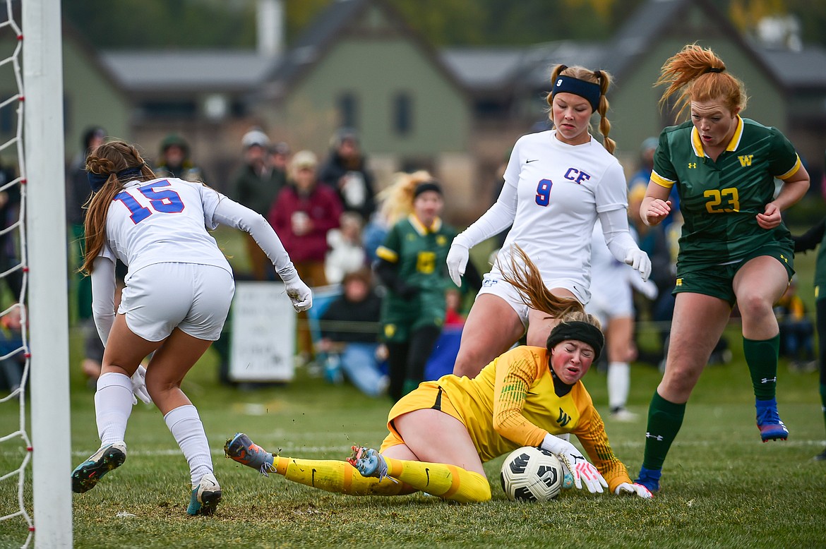 Whitefish goalkeeper Norah Schmidt (1) makes a save in the first half of the Class A state championship against Columbia Falls at Smith Fields on Saturday, Oct. 26. (Casey Kreider/Daily Inter Lake)