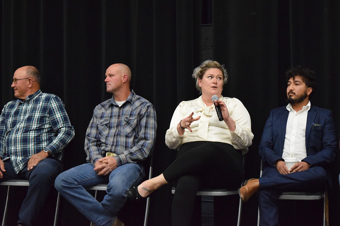 Mattawa City Council candidate Amanda Havens, middle right, answers questions during the candidate forum Wednesday evening at Wahluke High School. The full video of the forum may be found on the South Grant County Chamber of Commerce’s Facebook page for those who would like to watch it.