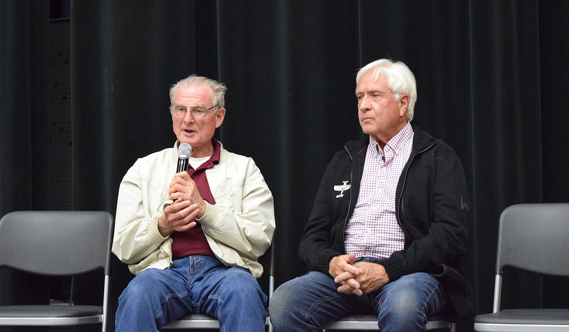 Grant County Airport District 1 unopposed candidate Kenneth Broda speaks during the candidate forum at Wahluke High School in Mattawa Wednesday evening. Bob Trantina, another unopposed candidate for the district's board, sits to his right. The airport district is unique in the state of Washington.