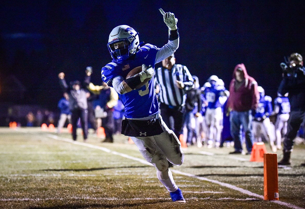 Columbia Falls wide receiver Mark Robison (3) scores a touchdown on a reception in the first quarter against Whitefish at Satterthwaite Field on Friday, Oct. 27. (Casey Kreider/Daily Inter Lake)