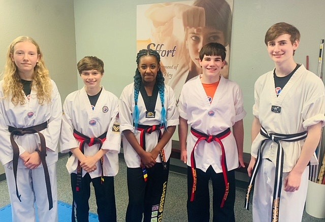 Sandpoint Martial Arts athletes pose for a photo after completing their belt testing earlier this month. Pictured, left to right, Milana Guercio (Brown Belt), Cameron Garton (2nd Degree Jr. Black Belt), Ellie Manning (2nd Degree Jr. Black Belt), Burton Radonich (Jr. Black Belt), Jasper Jensen (Recommended Black Belt).