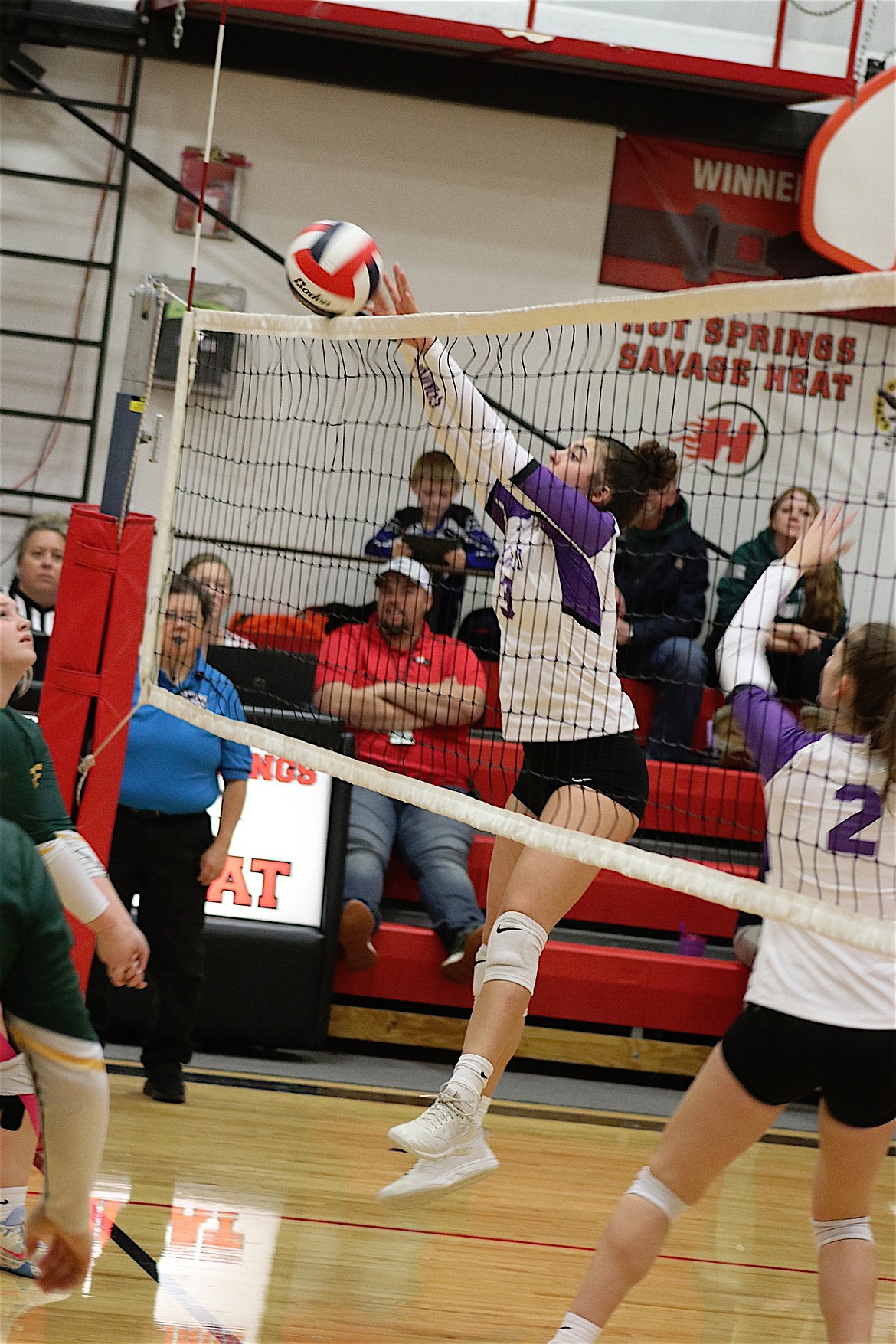 Lady Viking Darcy Coleman returns the ball to Hot Springs in 14C tournament action. (Michelle Sharbono photo)