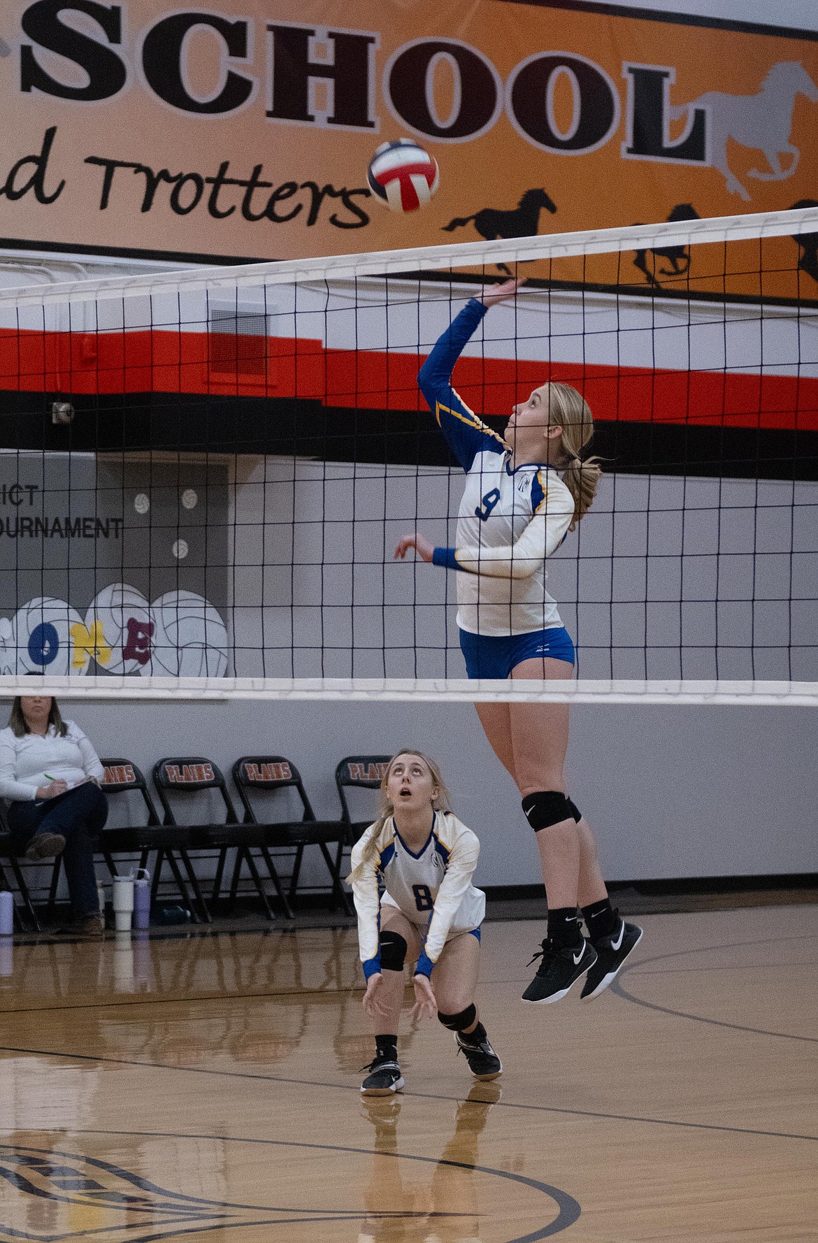 Thompson Falls Lady Hawk Gabi Hannum goes up at the net against Eureka in the 7B tournament. (Tracy Scott/Valley Press)