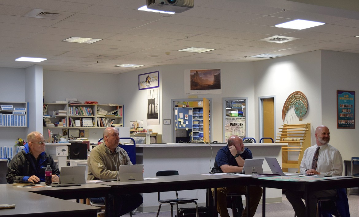 The Warden School Board listens to staff reports during Thursday’s regular meeting at the Warden High School library. The board approved the school district’s educational programs and operations levy and its capital technology initiatives levy at the meeting.