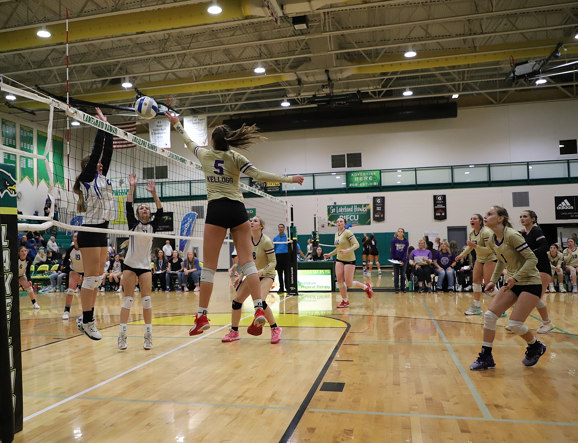 Courtesy of Kellogg Wildcats Live
Macy Jerome of Kellogg tips the ball over the net during the state 2A volleyball tournament last weekend at Lakeland High School.