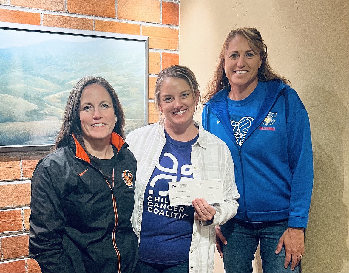 Courtesy photo
Volleyball coaches from the recent Volleyball 4 the Cure match at Coeur d'Alene High donated $2,452 to the Childhood Cancer Coalition as proceeds from the event. From left are Willow Hanna, Post Falls High volleyball coach; Summer Ford, Childhood Cancer Coalition; and Carly Curtis, Coeur d'Alene High volleyball coach.