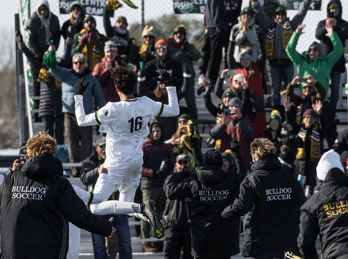 The Whitefish boys soccer team celebrates in front of the crowd after winning the 2023 Class A Boys Soccer Championship against Billings Central at Amend Park in Billings on Saturday, Oct. 28.