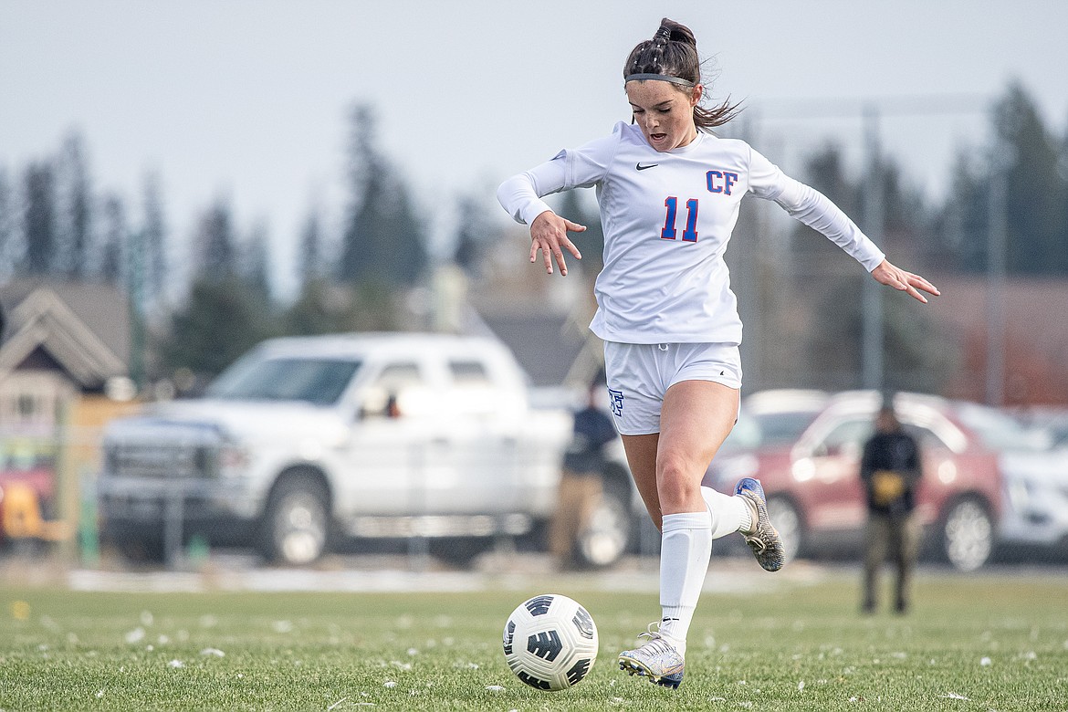 Riley Byrd makes her way downfield in the Montana A girls soccer championship against Whitefish on Saturday, Oct. 28.