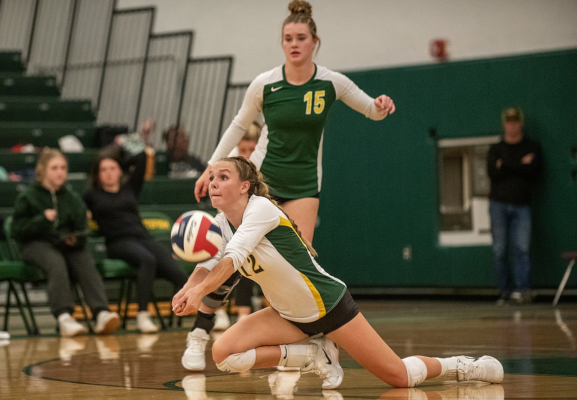 Maggie Mercer makes a dig for the Bulldogs for Whitefish’s Senior Night on Tuesday, Oct. 24. (Avery Howe photo)