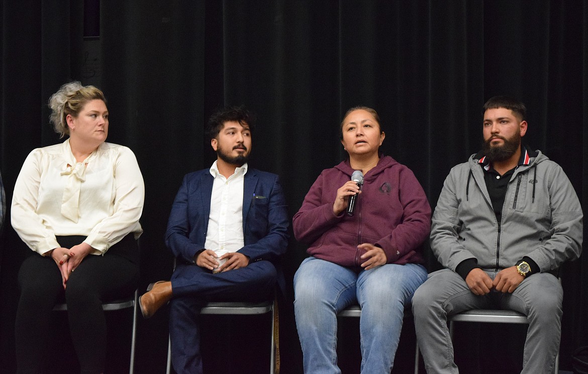 From left: Mattawa City Council candidates Amanda Havens, Alexander Heredia, Fabiola Hernandez and mayoral candidate Jaime Gutierrez sit onstage during the South Grant County candidate forum Oct. 25 at Wahluke High School.