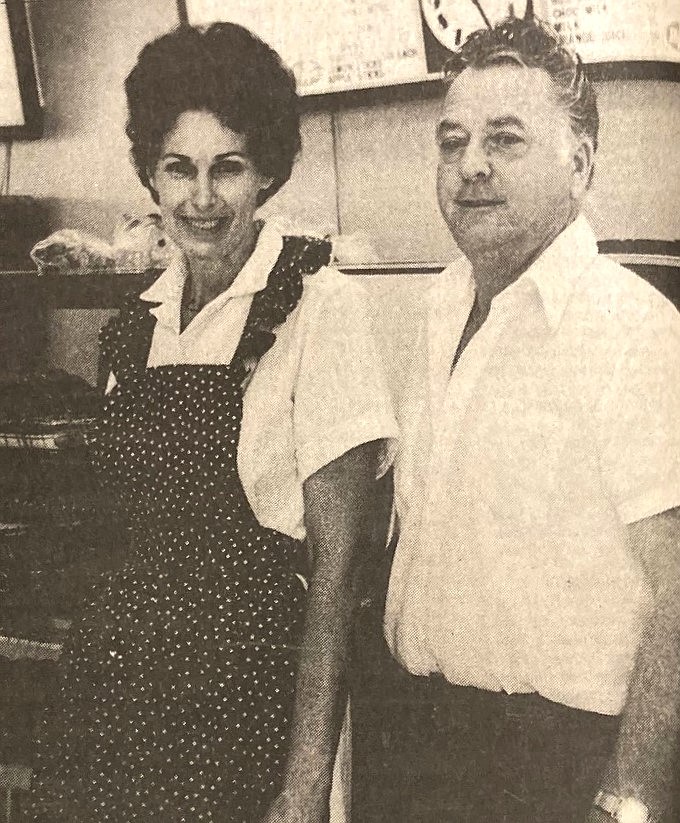 Robert and Beverly Davis at 24-hour Davis Donuts counter.