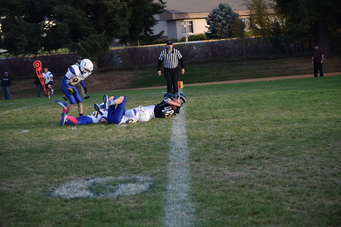 Tannum Allred stretches for the goal line as the BCMS Badgers took on the Libby Loggers last weekend.