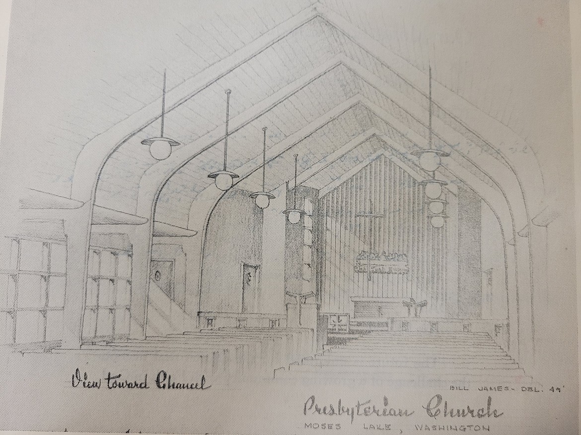 A 1949 drawing of the interior of Moses Lake Presbyterian Church. The building, which originally stood downtown, was moved by truck to its present location in the 1950s. It’s still used for children’s ministry, while most everything else takes place in the larger adjacent building.