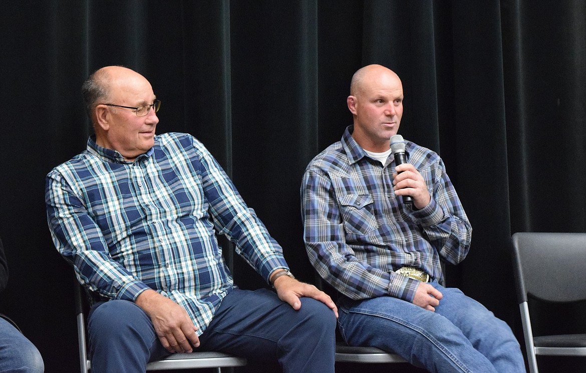 Unopposed Wahluke School Board candidates Seth Weeks, right, and Craig Sabin, left, attended the candidate forum for South Grant County at Wahluke High School Wednesday.