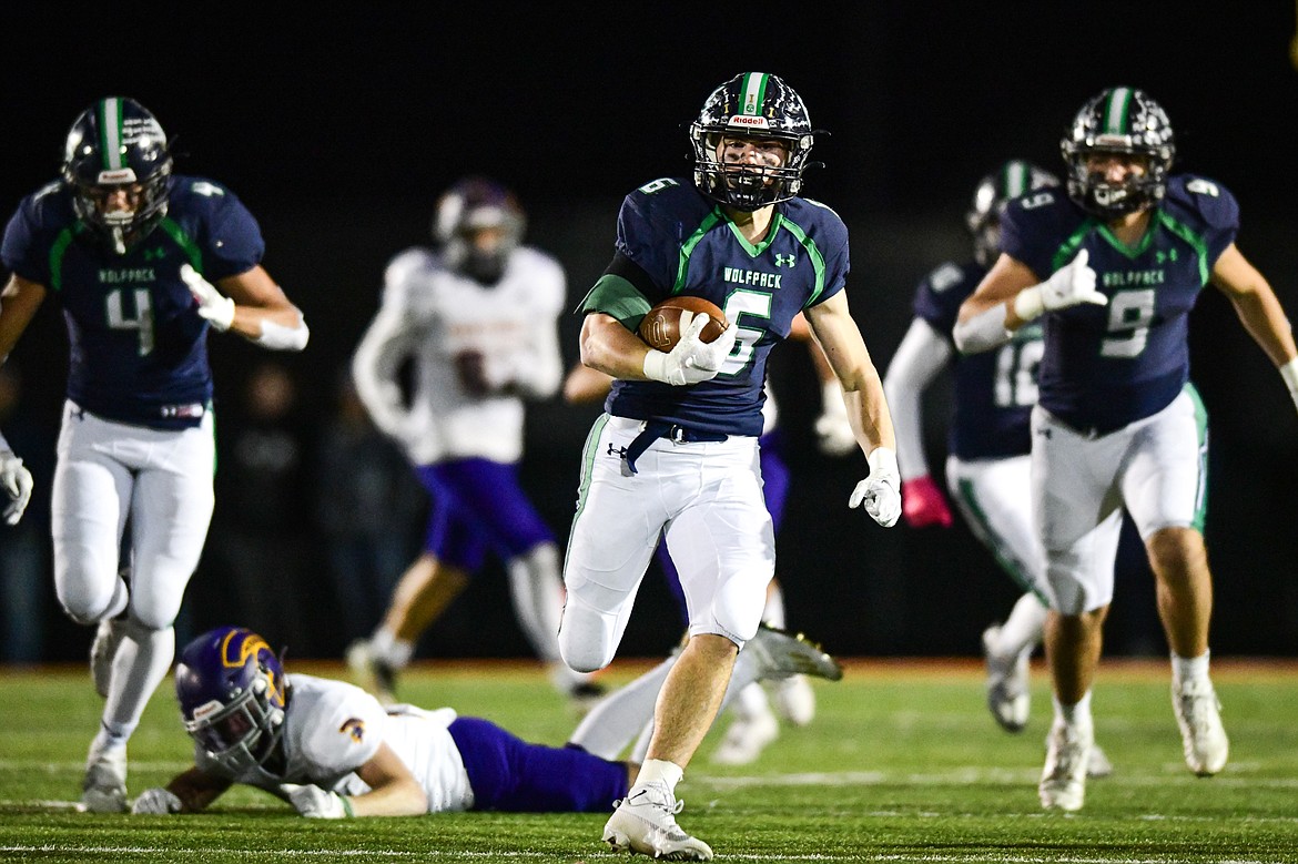 Glacier's Kash Goicoechea (6) returns a kickoff 60 yards in the third quarter against Missoula Sentinel in the quarterfinals of the Class AA playoffs at Legends Stadium on Friday, Nov. 3. (Casey Kreider/Daily Inter Lake)