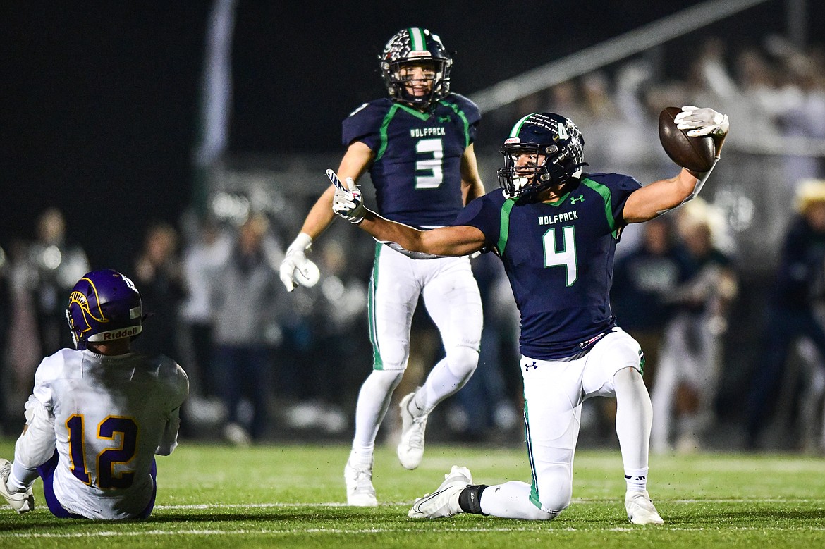 Glacier wide receiver Kole Johnson (4) celebrates after making a reception in the third quarter against Missoula Sentinel in the quarterfinals of the Class AA playoffs at Legends Stadium on Friday, Nov. 3. (Casey Kreider/Daily Inter Lake)