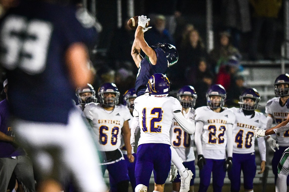 Glacier defensive back Alex Hausmann (3) intercepts a pass in the third quarter against Missoula Sentinel in the quarterfinals of the Class AA playoffs at Legends Stadium on Friday, Nov. 3. (Casey Kreider/Daily Inter Lake)