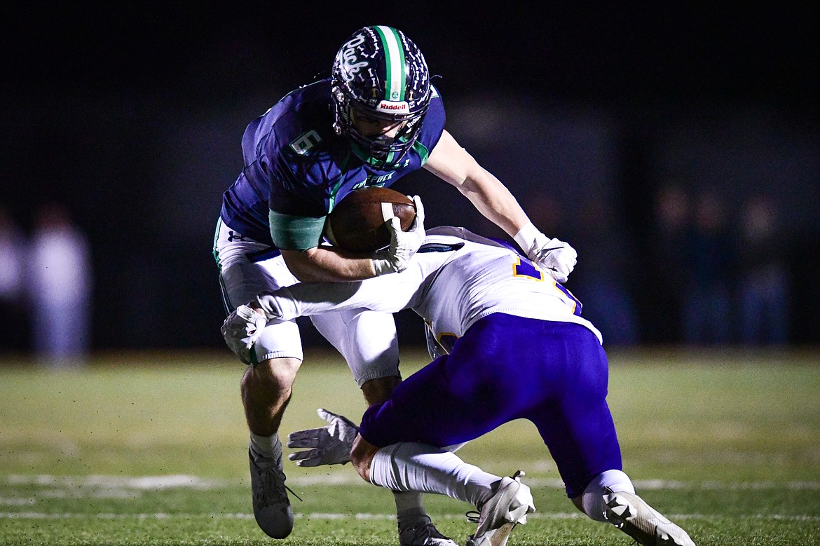 Glacier running back Kash Goicoechea (6) picks up yardage in the second quarter against Missoula Sentinel in the quarterfinals of the Class AA playoffs at Legends Stadium on Friday, Nov. 3. (Casey Kreider/Daily Inter Lake)