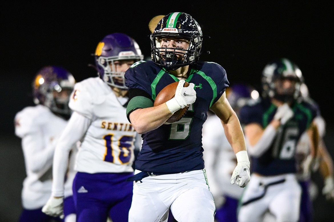 Glacier's Kash Goicoechea (6) returns a kickoff 90 yards for a touchdown in the first quarter against Missoula Sentinel in the quarterfinals of the Class AA playoffs at Legends Stadium on Friday, Nov. 3. (Casey Kreider/Daily Inter Lake)