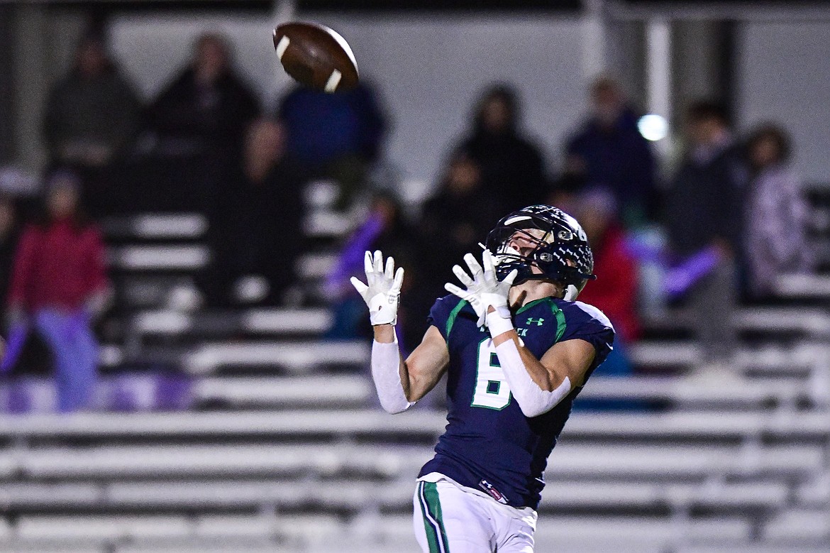 Glacier wide receiver Evan Barnes (8) pulls in a long reception in the first quarter against Missoula Sentinel in the quarterfinals of the Class AA playoffs at Legends Stadium on Friday, Nov. 3. (Casey Kreider/Daily Inter Lake)
