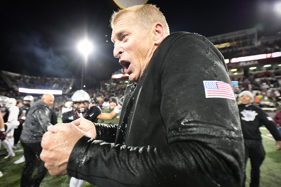 Montana Grizzlies head coach Bobby Hauck reacts after getting doused with Gatorade after a 34-7 win over Sacramento State at Washington-Grizzly Stadium on Saturday, Nov. 4. (Casey Kreider/Daily Inter Lake)