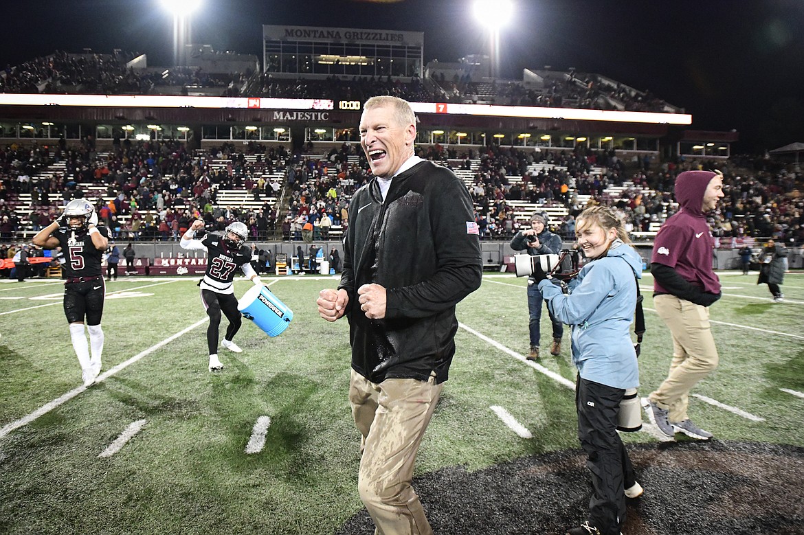 Montana Grizzlies head coach Bobby Hauck gets doused with Gatorade after a 34-7 win over Sacramento State at Washington-Grizzly Stadium on Saturday, Nov. 4. (Casey Kreider/Daily Inter Lake)
