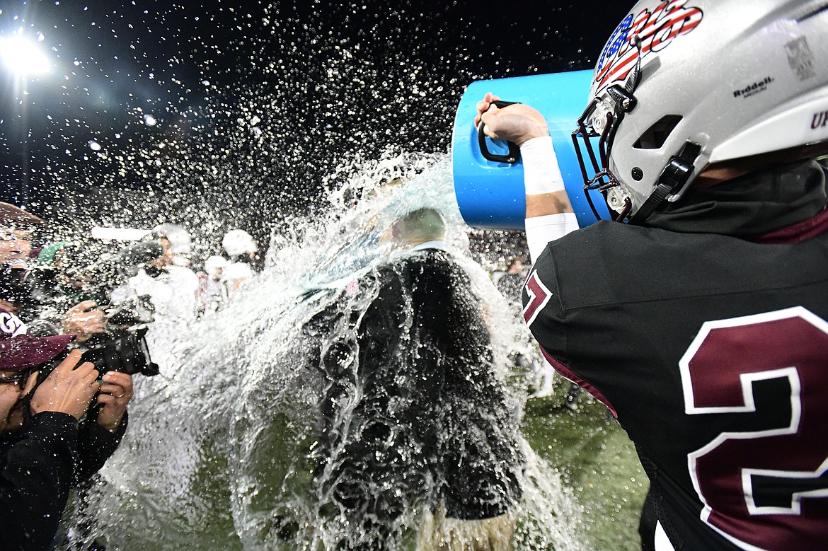 Montana Grizzlies head coach Bobby Hauck gets doused with Gatorade after a 34-7 win over Sacramento State at Washington-Grizzly Stadium on Saturday, Nov. 4. (Casey Kreider/Daily Inter Lake)