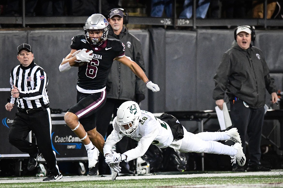 Grizzlies wide receiver Keelan White (6) heads to the end zone on a 97-yard touchdown reception in the fourth quarter against Sacramento State at Washington-Grizzly Stadium on Saturday, Nov. 4. (Casey Kreider/Daily Inter Lake)
