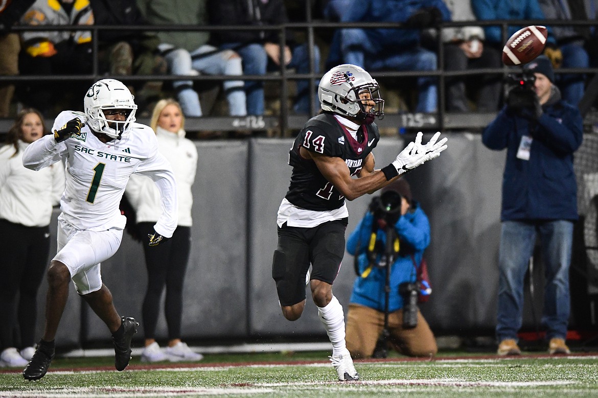 Grizzlies wide receiver Aaron Fontes (14) pulls in a reception in the second quarter against Sacramento State at Washington-Grizzly Stadium on Saturday, Nov. 4. (Casey Kreider/Daily Inter Lake)