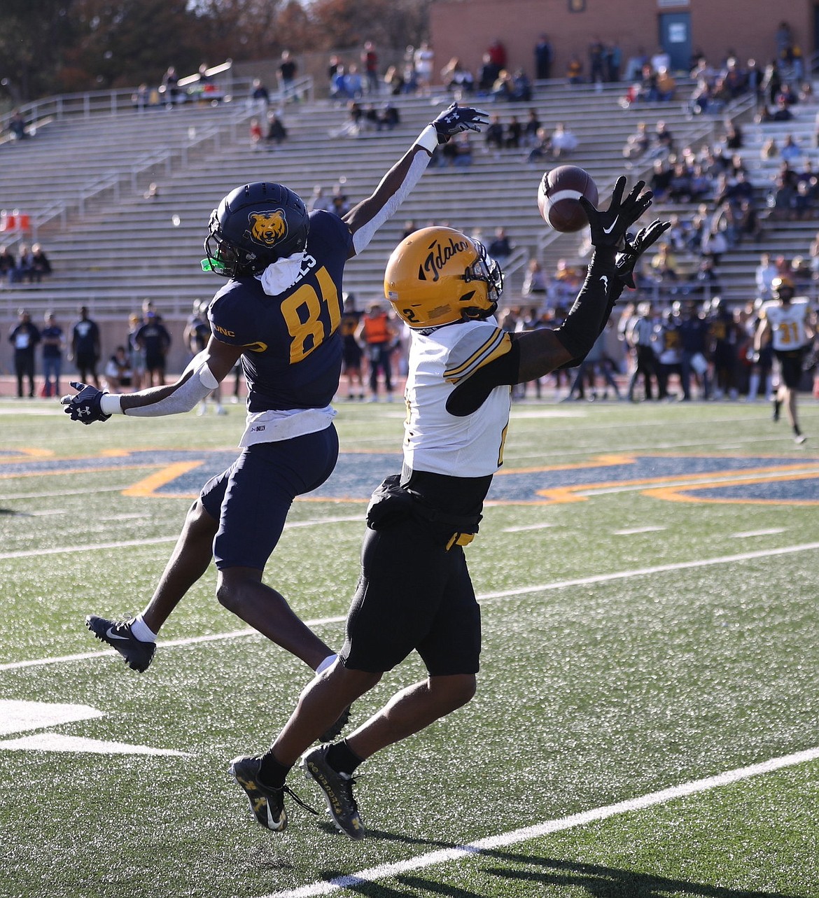 Photo by IDAHO ATHLETICS
Marcus Harris of Idaho intercepts a pass intended for Jordan Riles (81) of Northern Colorado in the fourth quarter Saturday in Greeley, Colo.