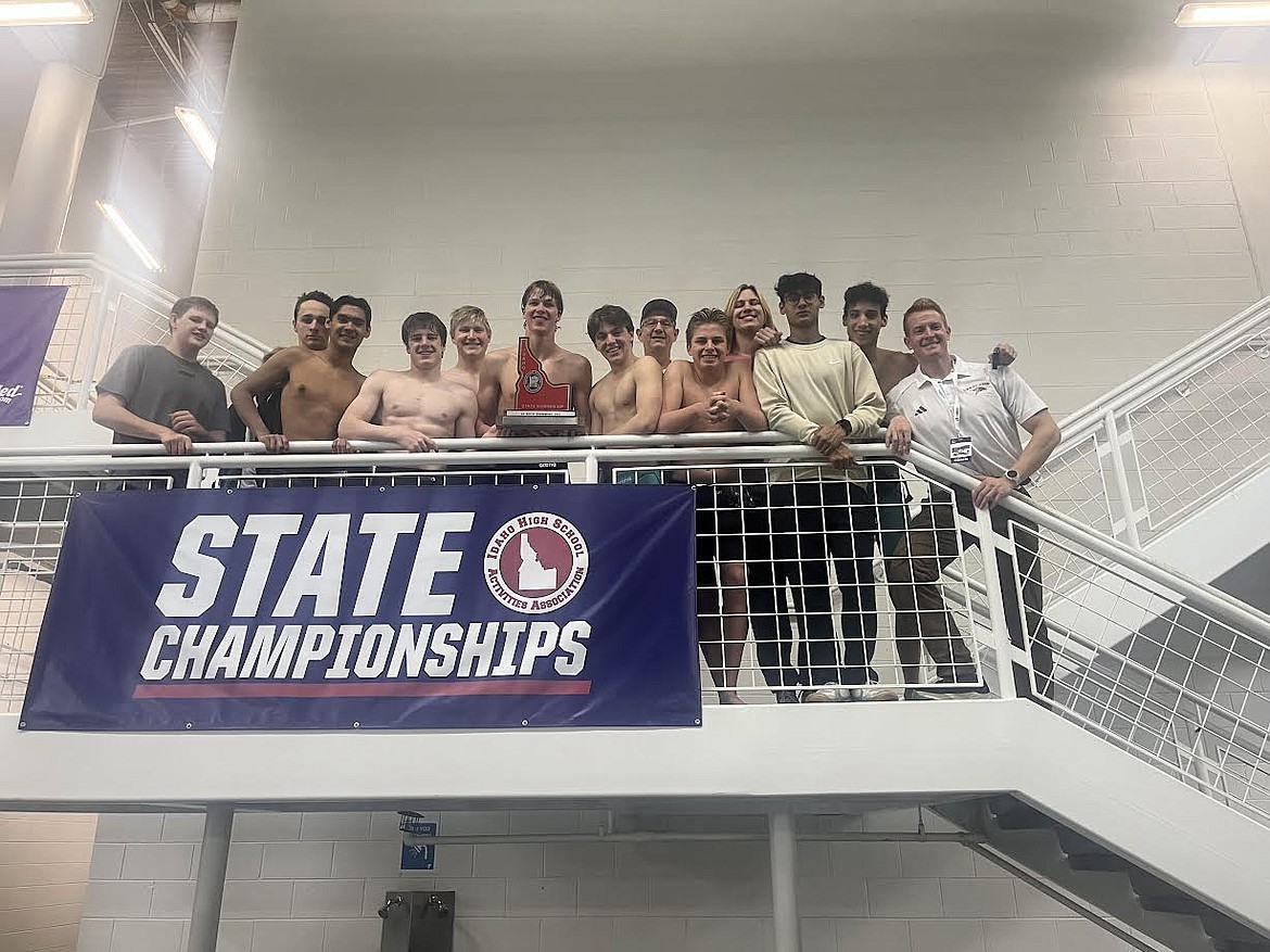 Courtesy photo
The Lakeland High boys swim team finished second at the state 4A meet on Saturday at the Boise Aquatic Center/West Valley YMCA. From left are Christian Peck, Brock Raebel, Brody Walters, Micah Minix, Thayer Sabatke, Cooper Friddle, Logan Harris, Ethan Harrell, coach Rob Urbaniak, Michael Mamola, Oliver Everett, Elijah Minix, Ethan Abbott and coach Adam Mayer.