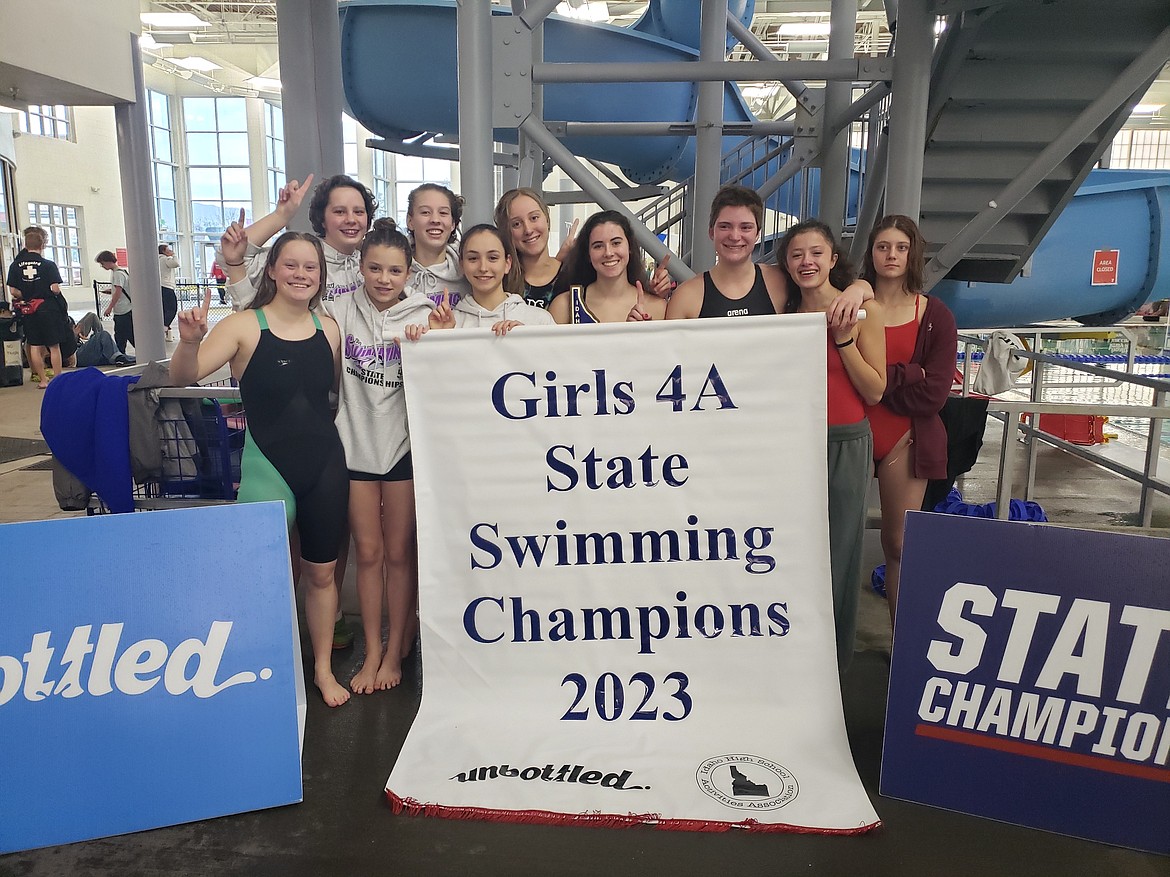 Courtesy photo
The Sandpoint High girls swim team captured the state 4A championship at the Boise Aquatics Center/West Valley YMCA, the program's first team title since 2019. In the back row from left are Sadie Dignan-Omodt, Mia Driggs and Ava de Leeuw. In the front are Bria Rocke, Halle Wyman, Reina Montecchi, Ryleigh Bamer, Sara Hogue, Georgia Gedde, and Terra Converse.