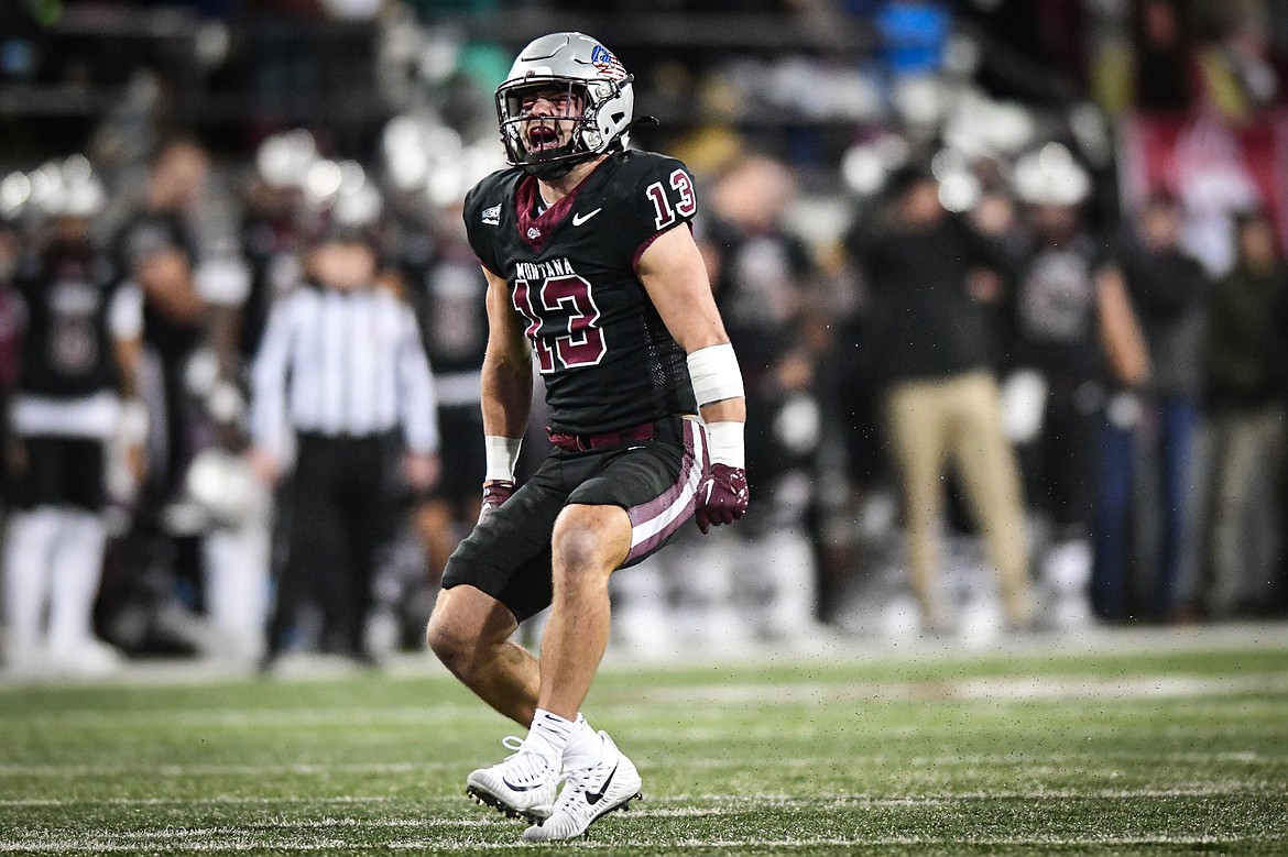 Grizzlies safety Ryder Meyer (13) celebrates after a stop in the first quarter against Sacramento State at Washington-Grizzly Stadium on Saturday, Nov. 4. (Casey Kreider/Daily Inter Lake)