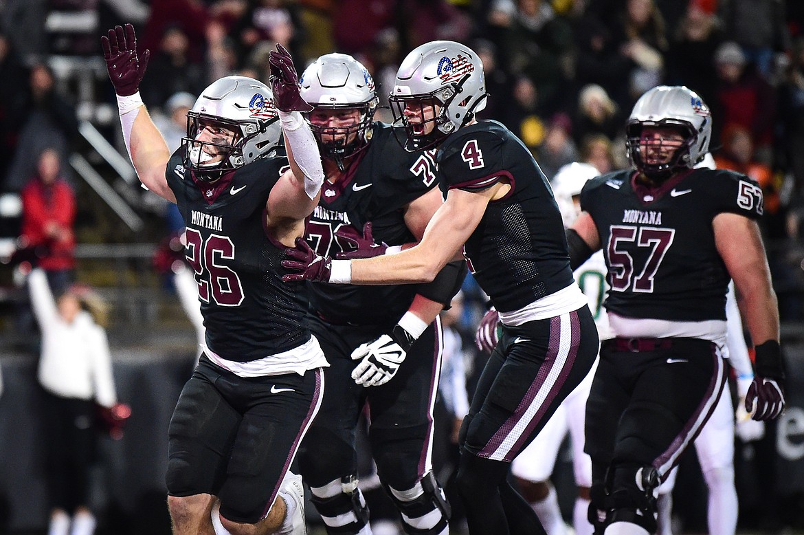 Grizzlies running back Nick Ostmo (26) celebrates after a 10-yard touchdown run in the fourth quarter against Sacramento State at Washington-Grizzly Stadium on Saturday, Nov. 4. (Casey Kreider/Daily Inter Lake)