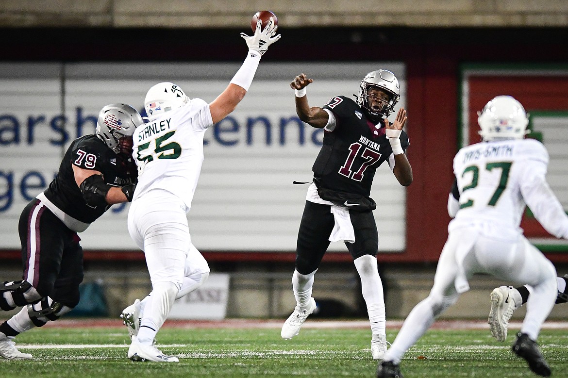 Grizzlies quarterback Clifton McDowell (17) completes a pass to wide receiver Aaron Fontes in the second quarter against Sacramento State at Washington-Grizzly Stadium on Saturday, Nov. 4. (Casey Kreider/Daily Inter Lake)