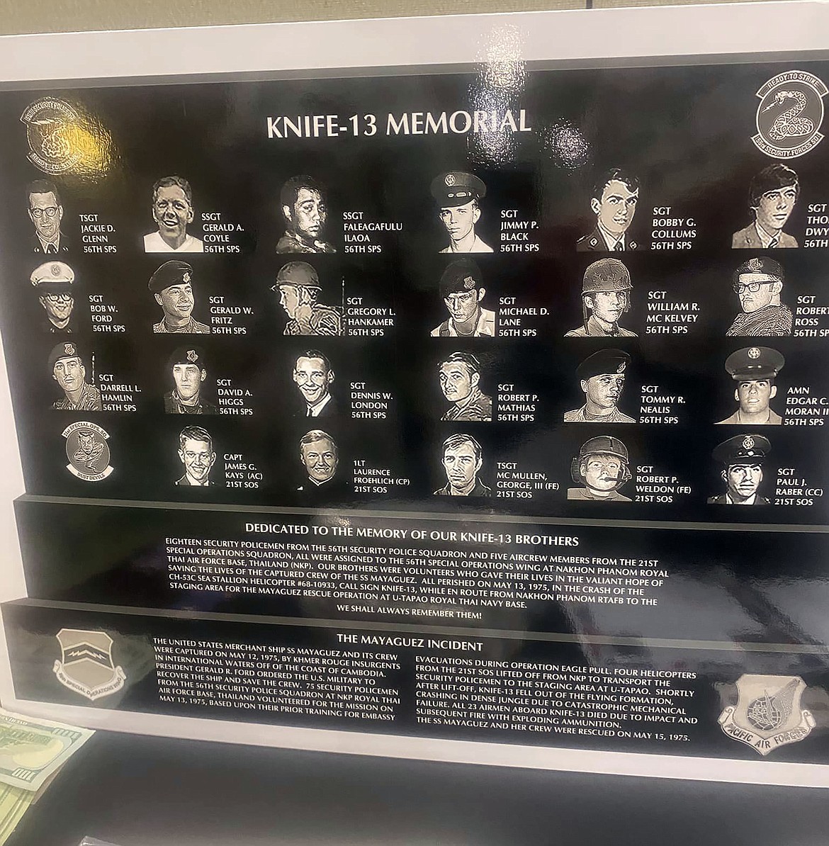 A photo of the Knife-13 Memorial showing the men lost when the Knife 13. crashed on May 13, 1975, en route to a rescue mission.