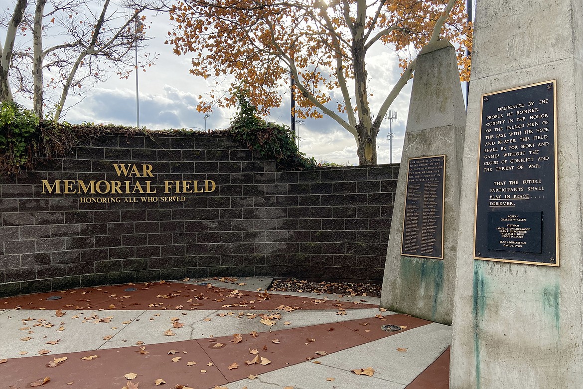 Columns at War Memorial Field in Sandpoint pay homage to soldiers from Bonner County who died in service to their country. The field is dedicated to their honor in hopes the field "shall be for sport and games without the cloud of conflict and the threat of war, that future participants shall place in peace forever."