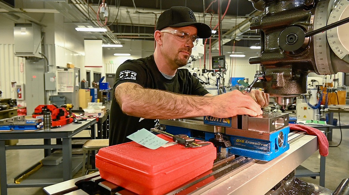 Former NIC Precision Manufacturing and CNC Technology Student Dominic Crone works in a CNC lab on Feb. 16, 2022, at NIC’s Parker Technical Education Center in Rathdrum.