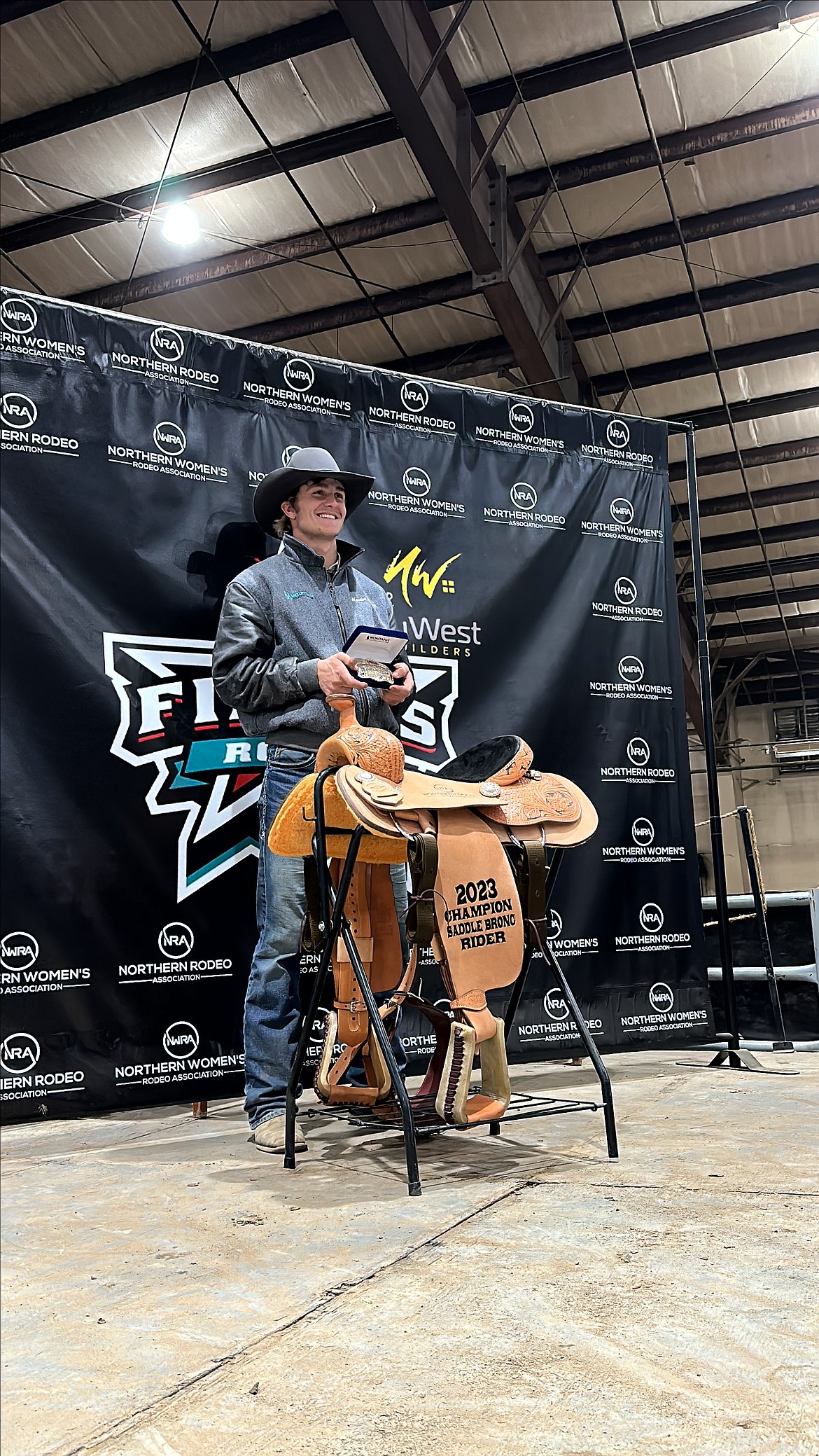 Hunter Haskins after winning the NRA saddle bronc title at an event in Kalispell. (Roni Haksins photo)