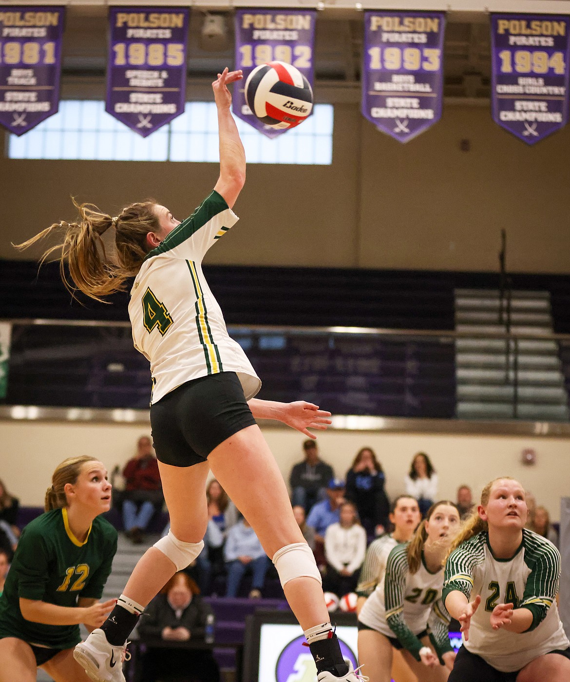 Myli Ridgeway flies high to make a play during action at the Western A Divisional Volleyball Tournament in Polson Thursday. (Jeremy Weber/Bigfork Eagle)