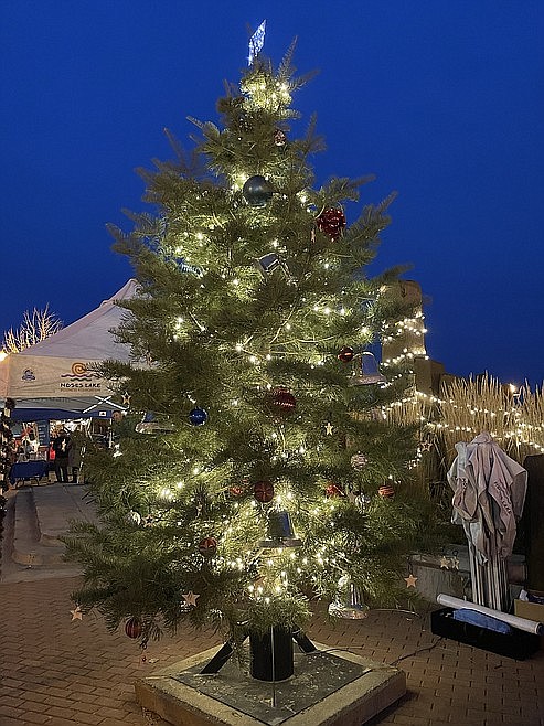 Last year’s downtown Moses Lake tree stands lit in Sinkiuse Square.