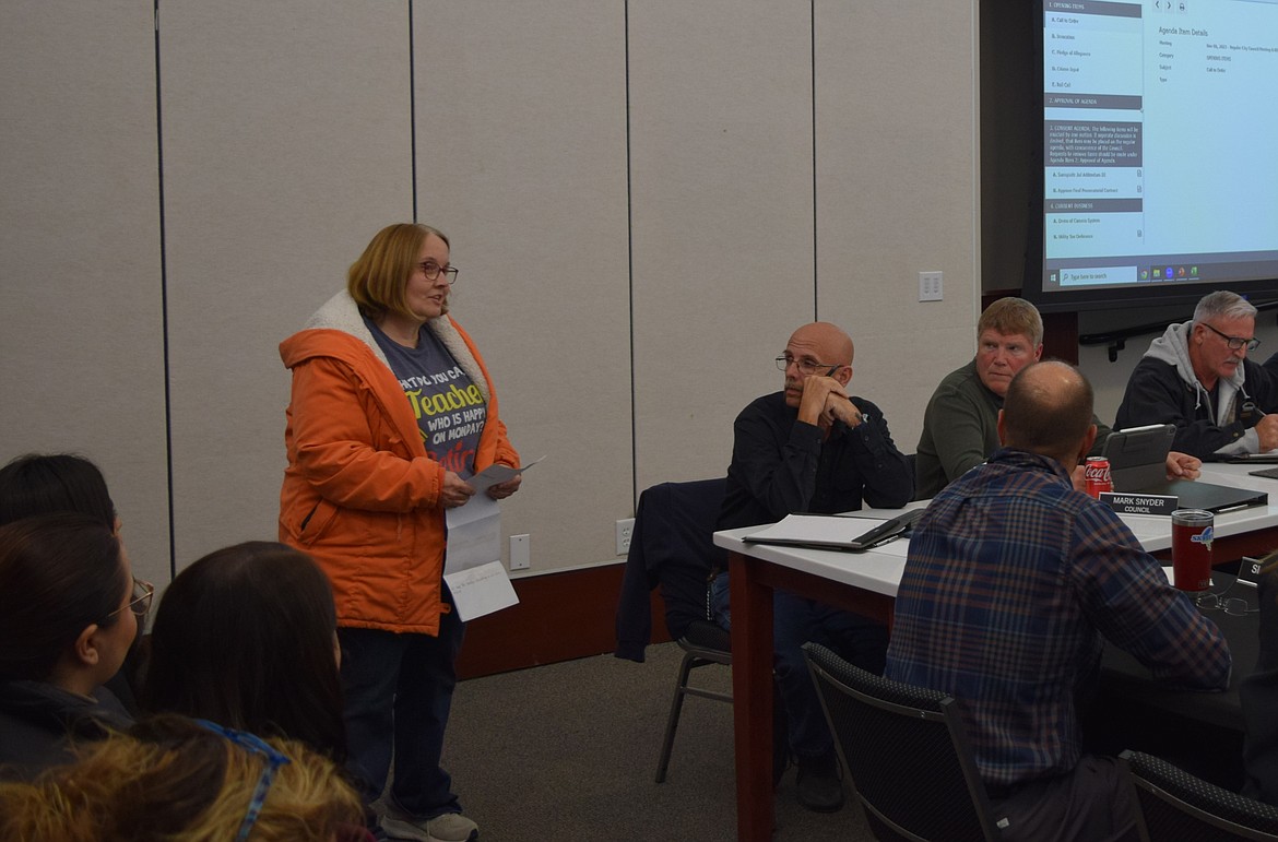 Adams County Pet Rescue board member Tammy Foley speaks during the public input portion of Monday’s regular Othello City Council meeting at city hall. The ACPR submitted a letter to the council requesting $150,000 total for its animal control services contract.