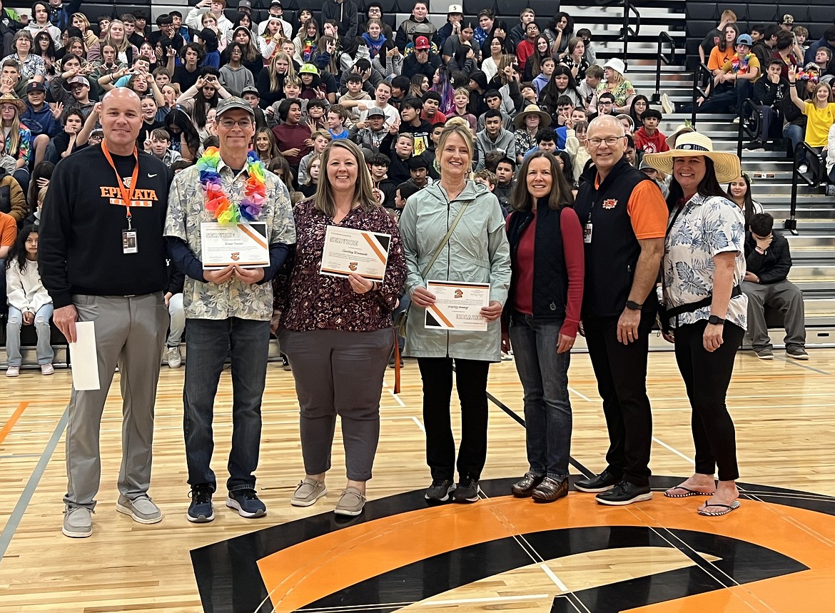 From left: Assistant Superintendent Ken Murray, EMS Volleyball Coach Brian Forester, EMS Volleyball Coach Courtney Bronowski, Bus Driver Lavona Buchert, School Board Director Anita Waller, Superintendent Tim Payne and EMS principal Tina Mullings. Not Pictured: EMS Volleyball Coaches Whitney Pearce and Chantel Park.