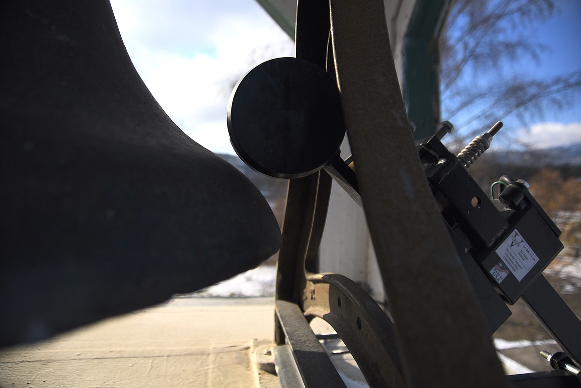 A stationary automatic bell ringer has replaced the traditional rope at Lakeside Community Chapel Saturday, Oct. 23, 2023.  The bell and belfry were restored in 2020. (Hilary Matheson/Daily Inter Lake)