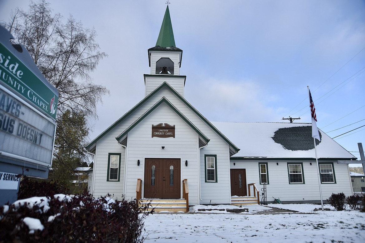 Lakeside Community Chapel Saturday, Oct. 28, 2023. The church is in the midst of renovating the original sanctuary. Exterior siding, lighting and doors were replaced. The bell and bell tower were restored and structurally reinforced in 2020. (Hilary Matheson/Daily Inter Lake)