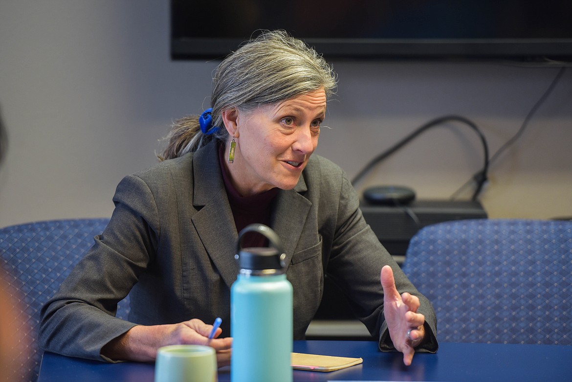 Monica Tranel, a Democrat from Missoula running against Republican Rep. Ryan Zinke in the race for Montana's 1st Congressional District, speaks with housing officials in the Flathead Valley during a roundtable discussion. (Kate Heston/Daily Inter Lake)