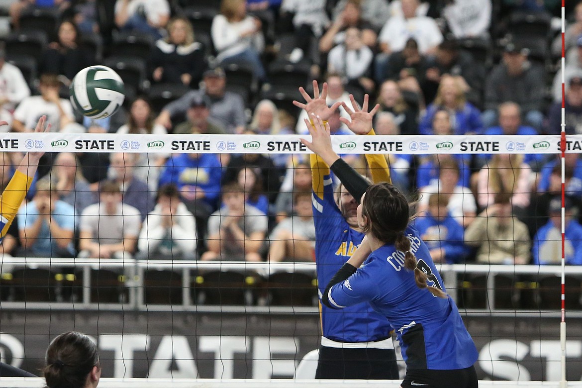 Warden senior Briana Martinez spikes the ball past an Adna blocker.